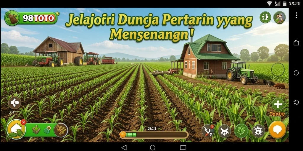 Tangkapan layar permainan 98TOTO menampilkan ladang subur dengan berbagai tanaman.