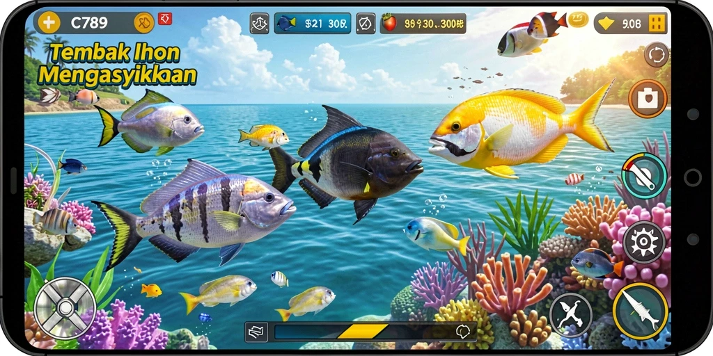 Tampilan gameplay C789 dengan ikan berwarna-warni yang menantang.