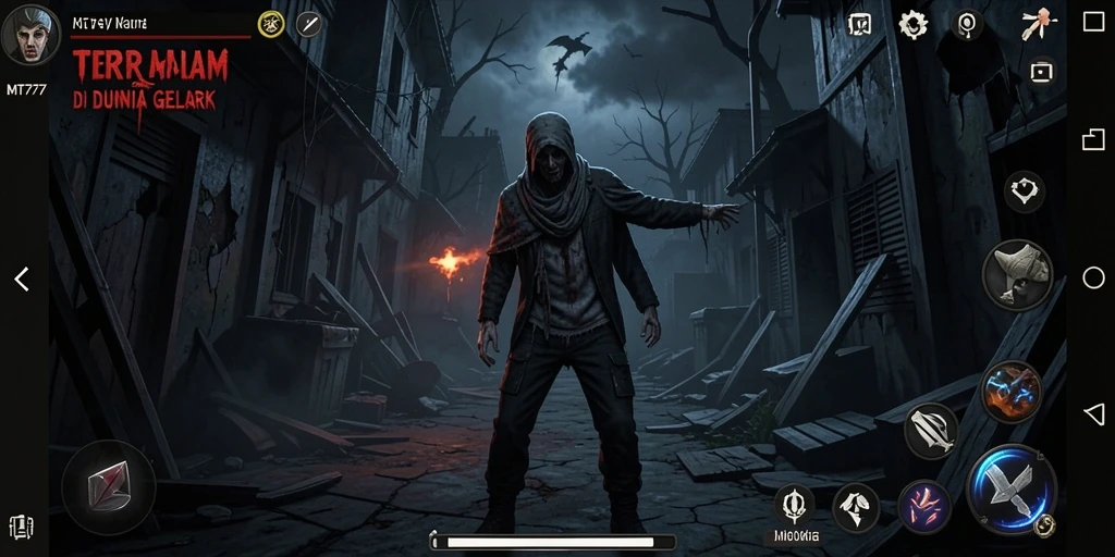 Screenshot MT777 menunjukkan suasana gelap dan menyeramkan saat gameplay.
