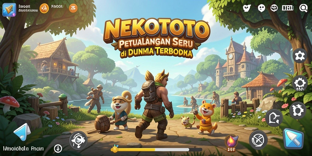 Screenshot gameplay NEKOTOTO dengan pemandangan dunia terbuka yang menakjubkan.