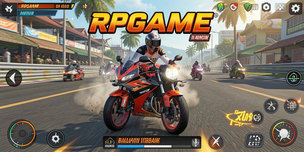 Screenshot RPGAME menampilkan aksi balapan motor yang mendebarkan.